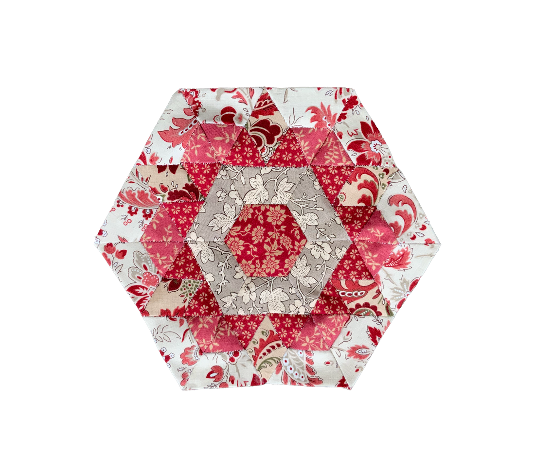 8 inch English Paper Pieced Hexagon shaped Rose Quilt block 